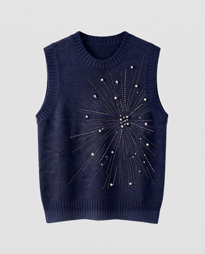 Women's Sleeveless Fine Knitted Vest with Bead and Rhinestone Sun Motif Mune Fashion