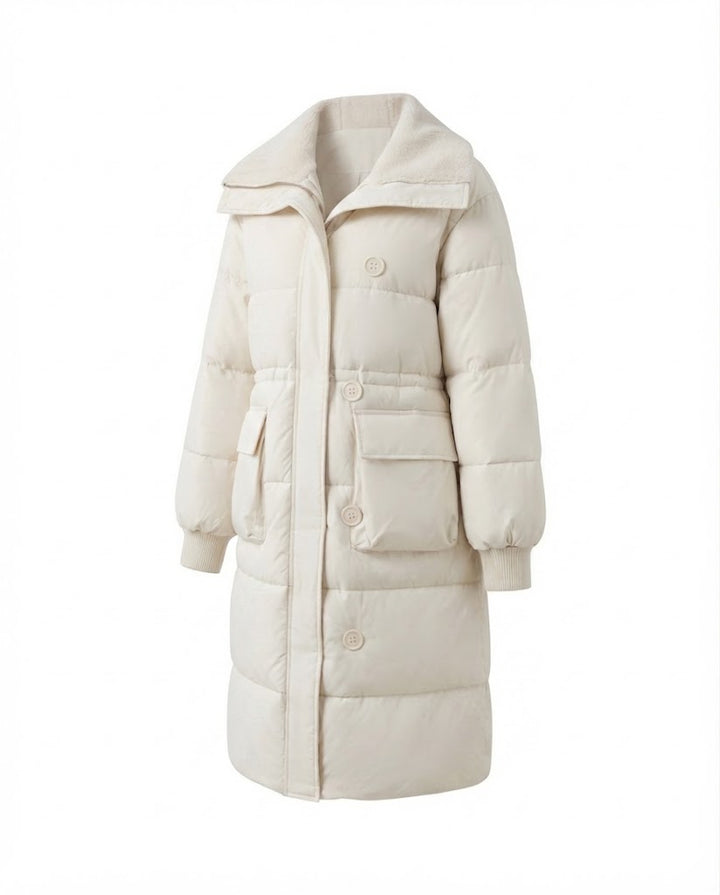 Women's long padded coat with Sherpa shawl collar, waist drawstring, and large flap pockets