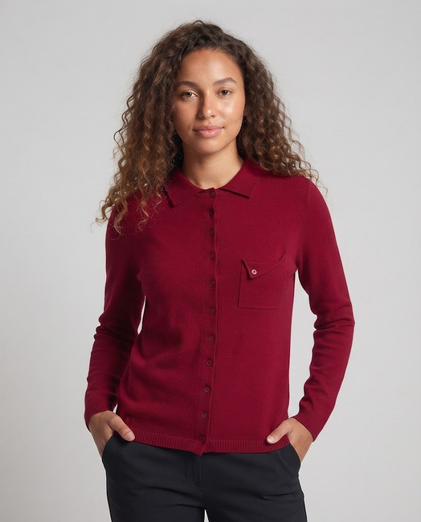 Women's fine-knit cardigan with polo collar, 3/4 sleeves and discreet chest pocket Mune Fashion