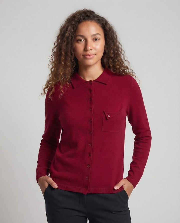 Women's fine-knit cardigan with polo collar, 3/4 sleeves and discreet chest pocket Mune Fashion