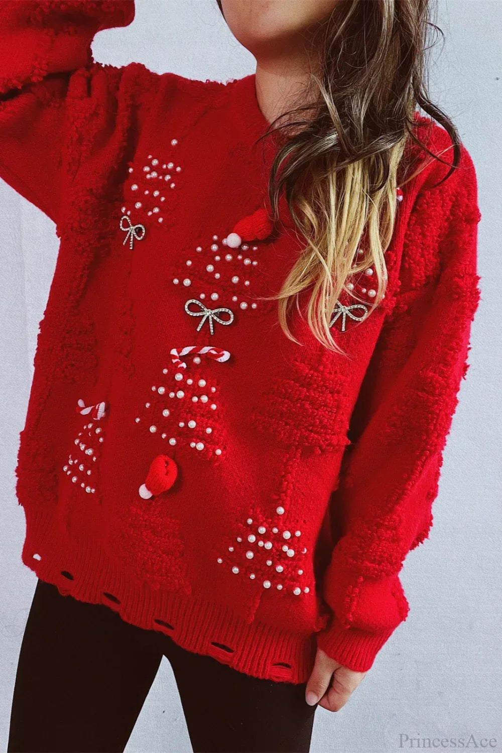 Mune | Christmas 3D Tree Pearl Solid Flocked Sweater