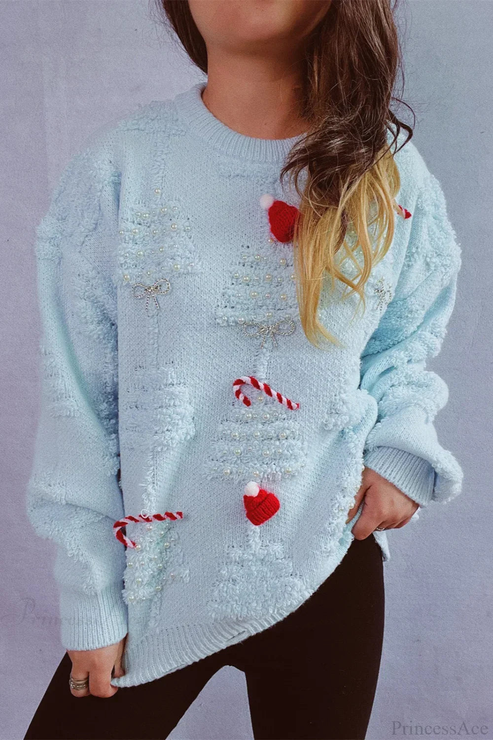 Mune | Christmas 3D Tree Pearl Solid Flocked Sweater