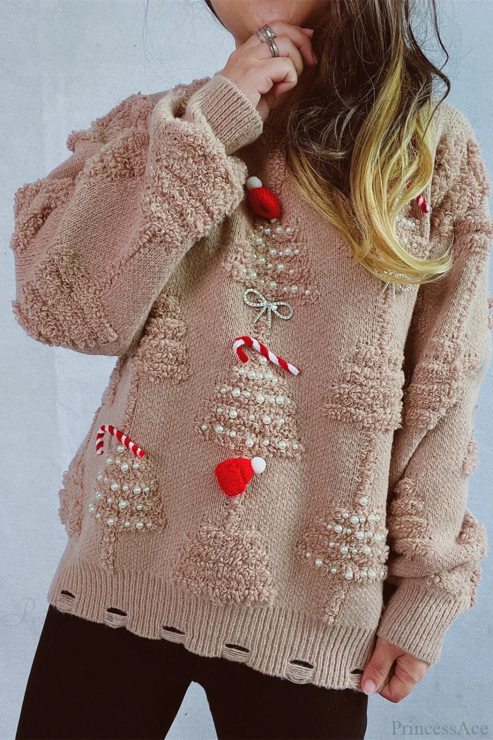 Mune | Christmas 3D Tree Pearl Solid Flocked Sweater