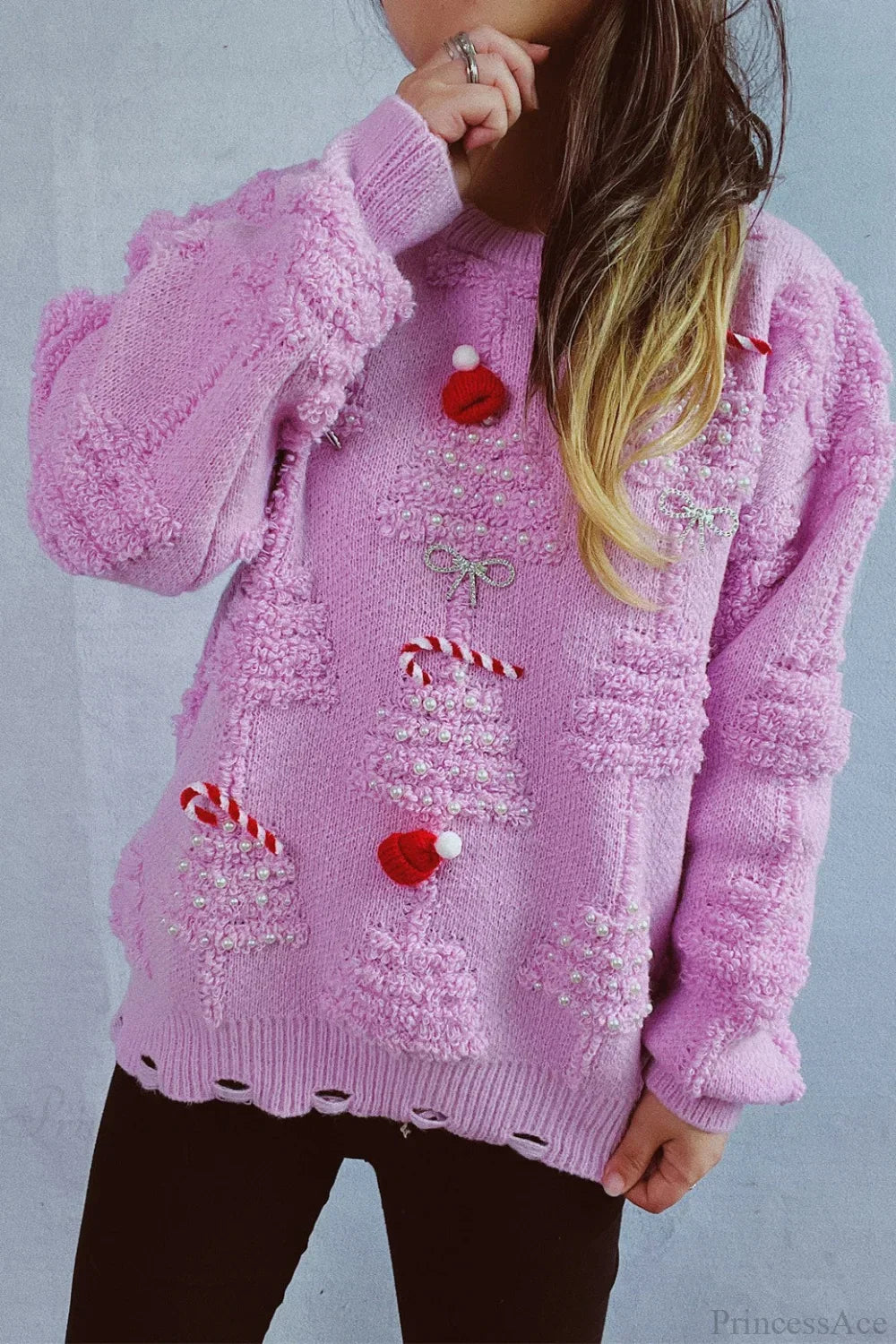 Mune | Christmas 3D Tree Pearl Solid Flocked Sweater