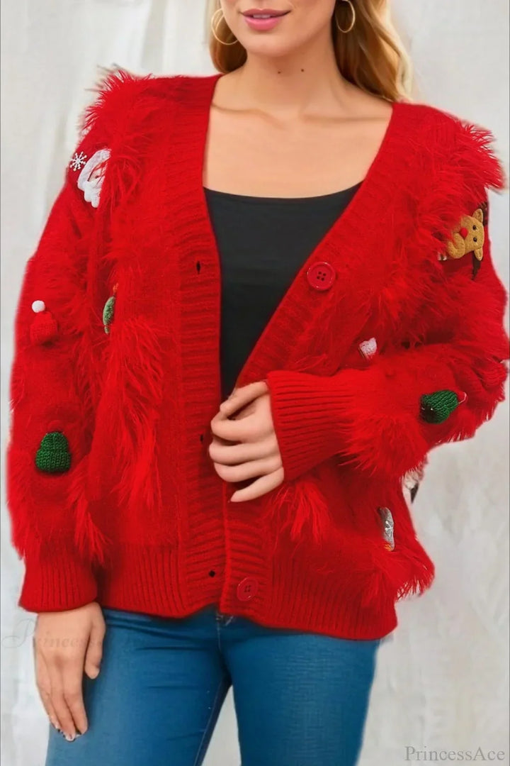 Mune | Christmas Mink Fleece 3D Trim Single Breasted Cardigan Sweater