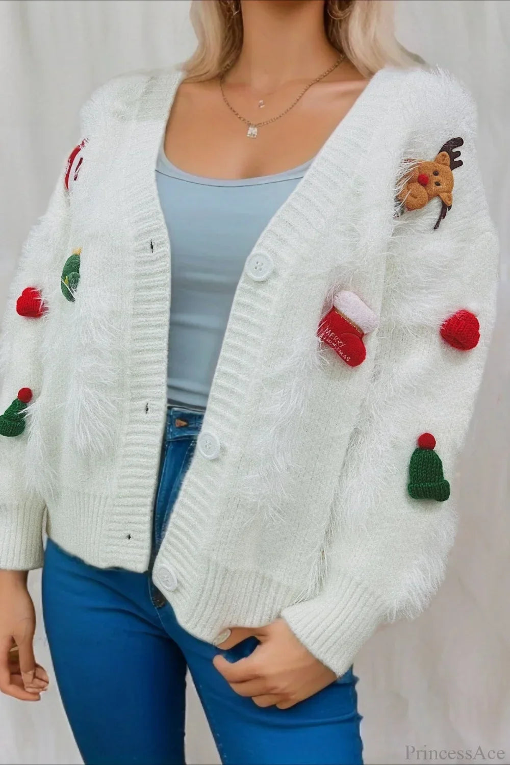 Mune | Christmas Mink Fleece 3D Trim Single Breasted Cardigan Sweater