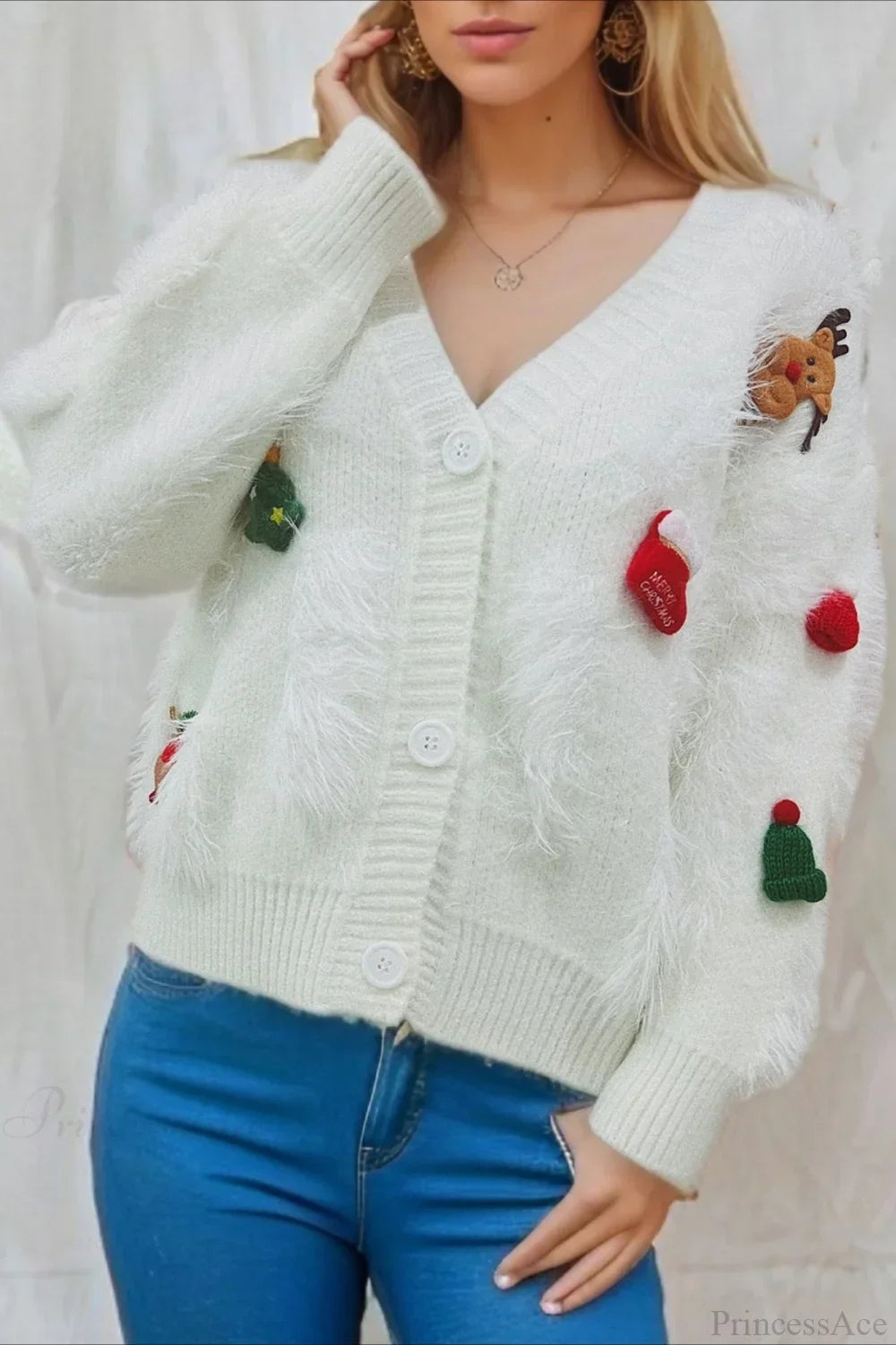 Mune | Christmas Mink Fleece 3D Trim Single Breasted Cardigan Sweater