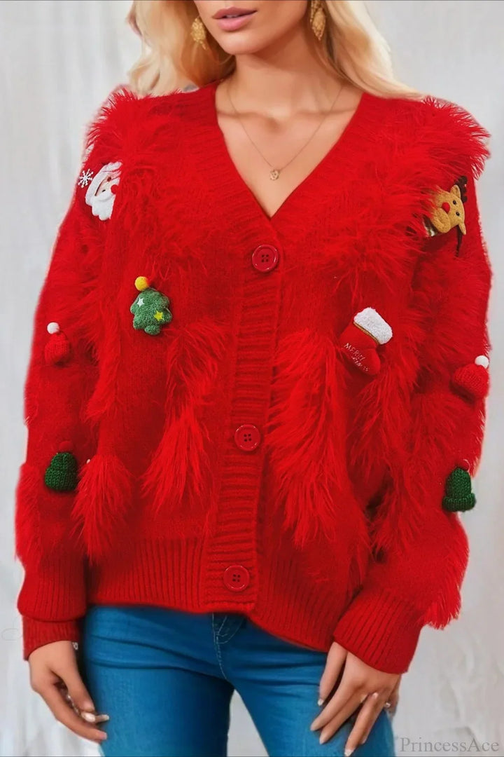 Mune | Christmas Mink Fleece 3D Trim Single Breasted Cardigan Sweater