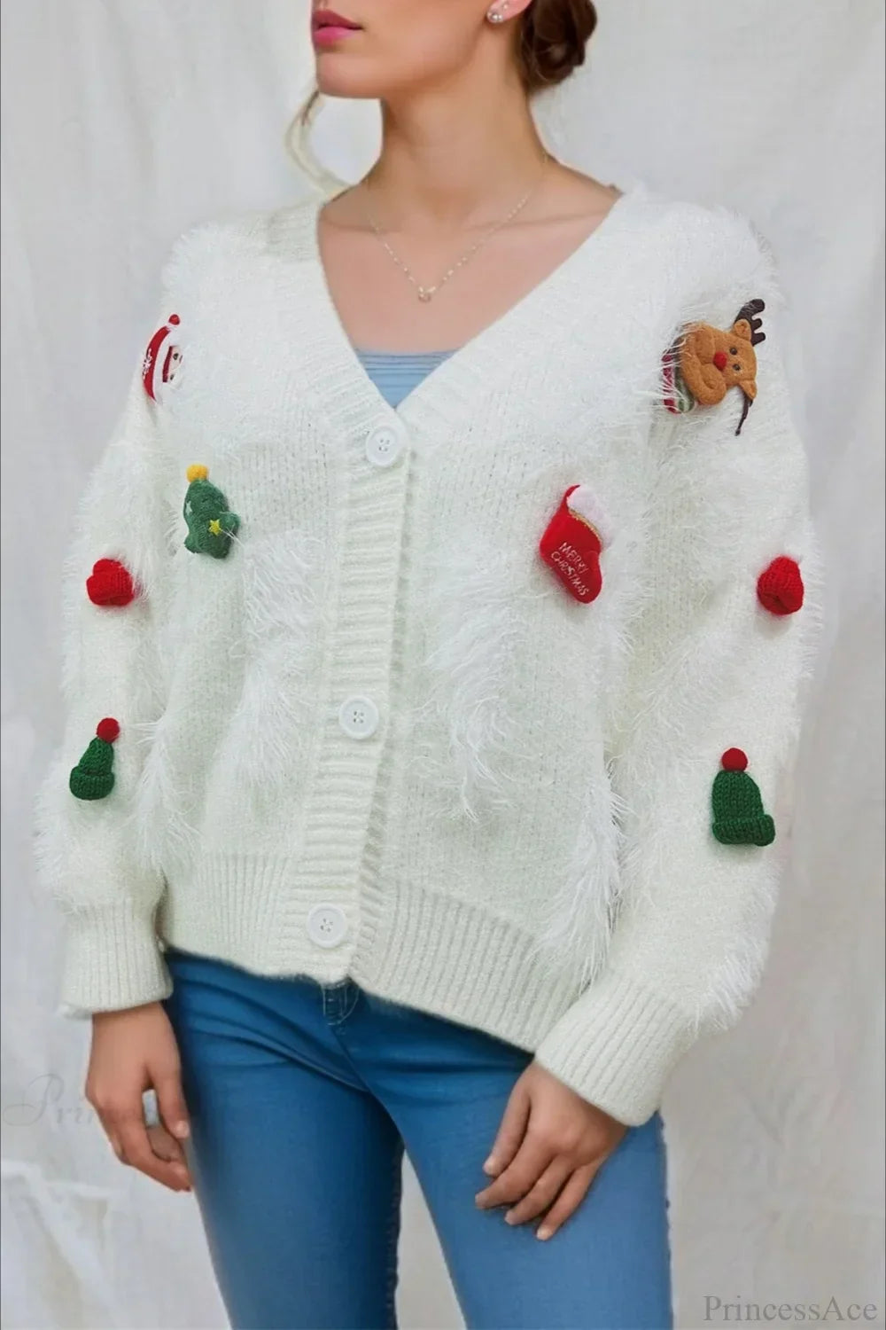 Mune | Christmas Mink Fleece 3D Trim Single Breasted Cardigan Sweater