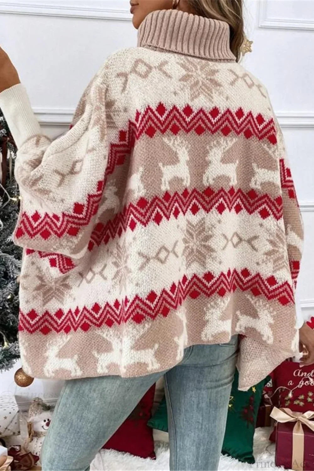 Mune | Christmas Moose High Collar Contrast Batwing Sleeve Sweater