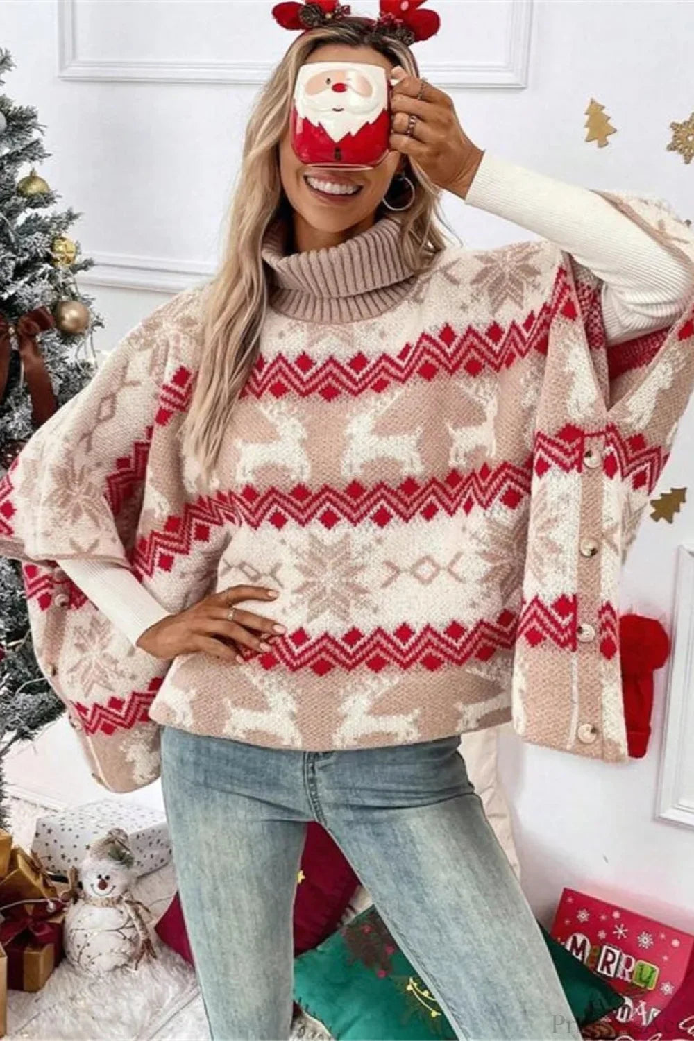 Mune | Christmas Moose High Collar Contrast Batwing Sleeve Sweater