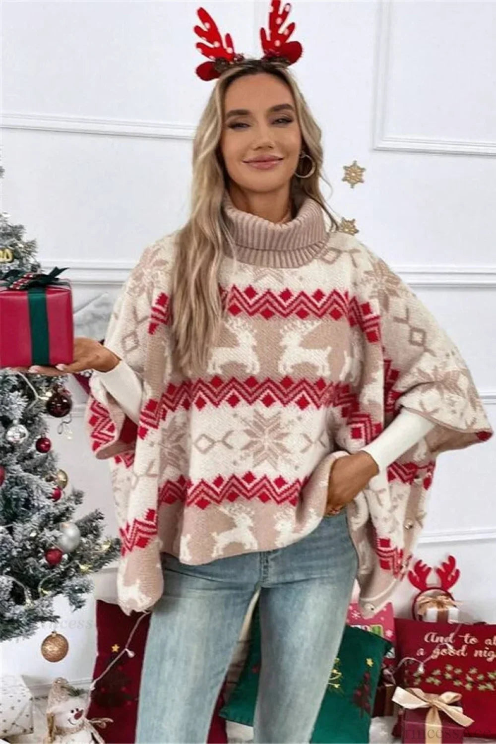 Mune | Christmas Moose High Collar Contrast Batwing Sleeve Sweater