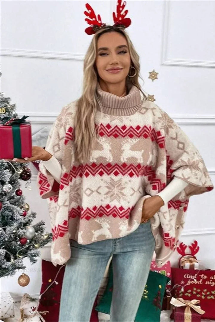 Mune | Christmas Moose High Collar Contrast Batwing Sleeve Sweater