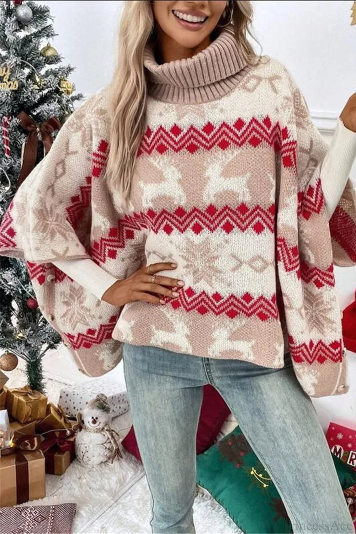 Mune | Christmas Moose High Collar Contrast Batwing Sleeve Sweater