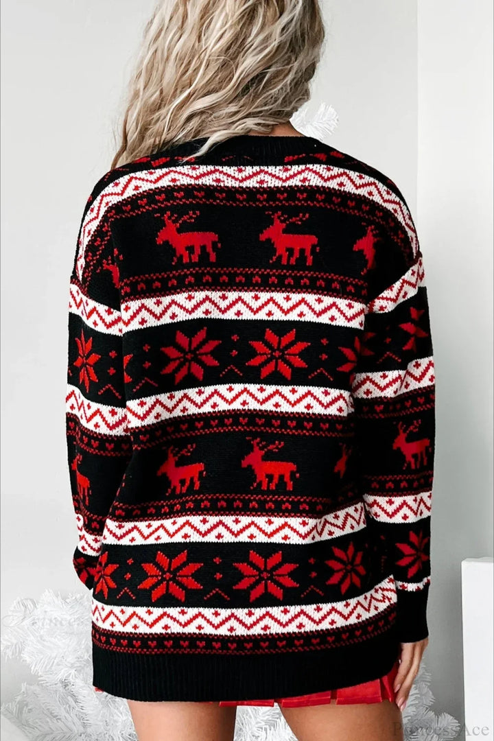 Mune | Christmas Reindeer Jacquard Folk Contrast Loose Sweater