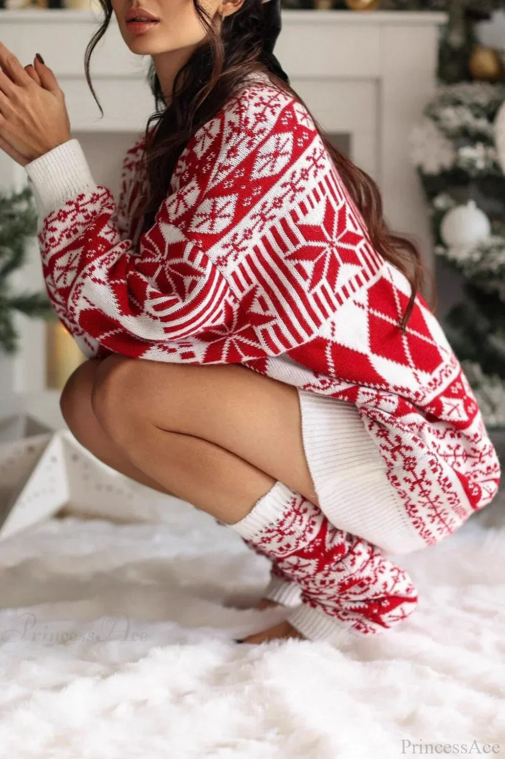 Mune | Christmas Snow Maple Ethnic Round Neck Long Sweater