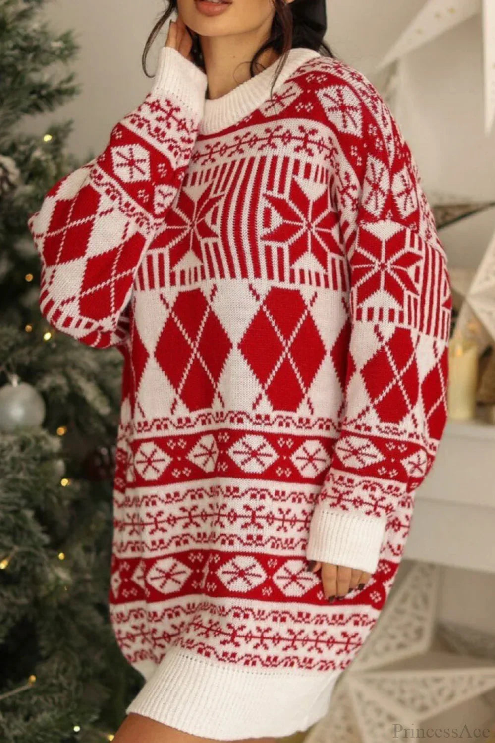 Mune | Christmas Snow Maple Ethnic Round Neck Long Sweater