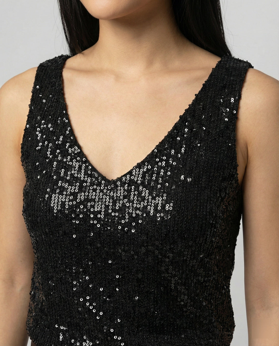 Women Glittering Top with V-Neck and Sparkling Sequin Trim Mune Fashion