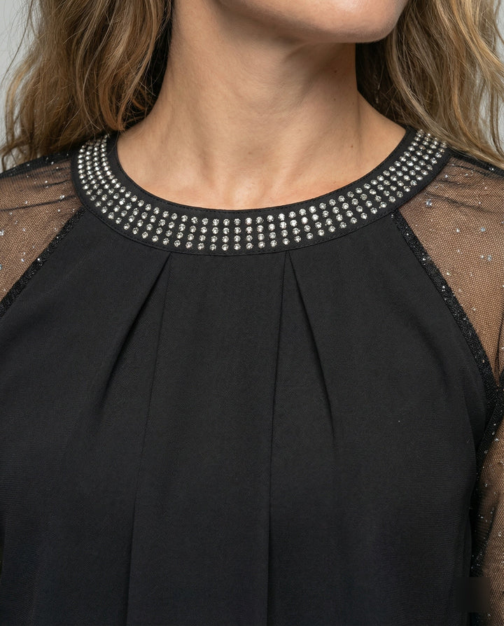 Mune Fashion Women's Mesh Blouse with Rhinestone Trim and Transparent Sleeves