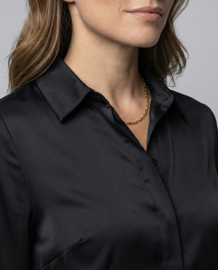Ladies elegant satin blouse with classic collar and timeless cut Mune Fashion