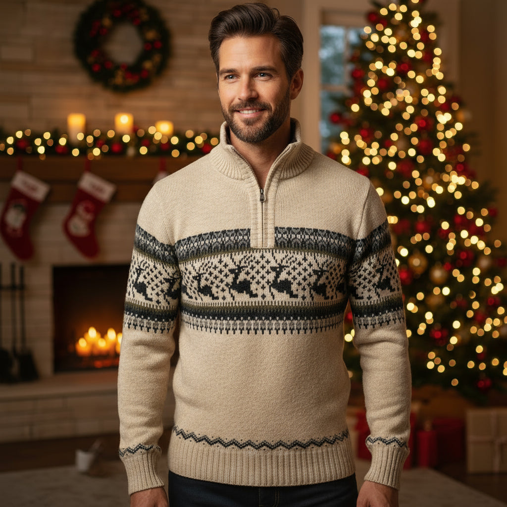 Mune | Winter sweater for men - warm knitted pullover with half zipper & Scandinavian reindeer pattern