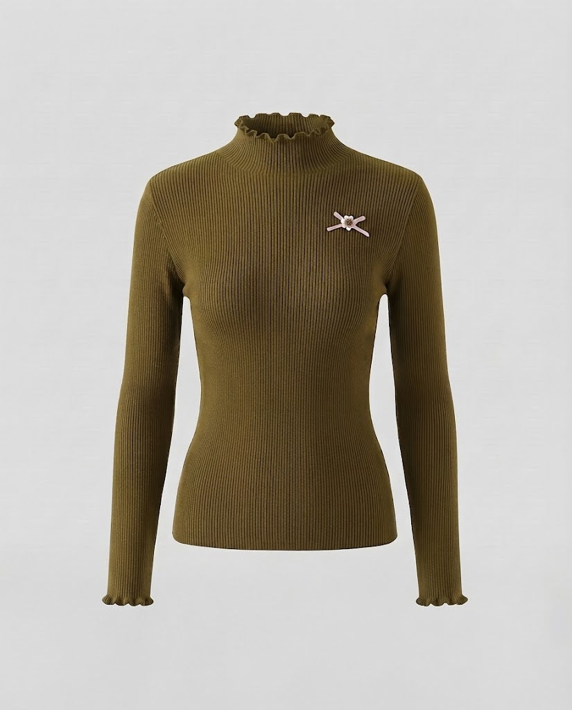 Women's fine knit sweater with ruffled collar and wavy sleeve cuff Mune Fashion