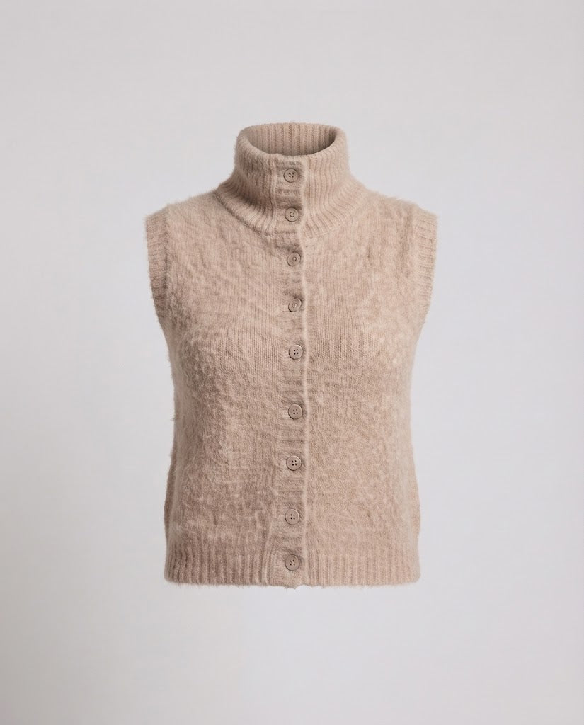 Women's Short Boucle Knit Vest with Stand-Up Collar and Full Button Placket Mune Fashion