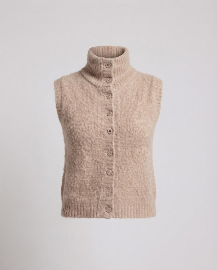 Women's Short Boucle Knit Vest with Stand-Up Collar and Full Button Placket Mune Fashion