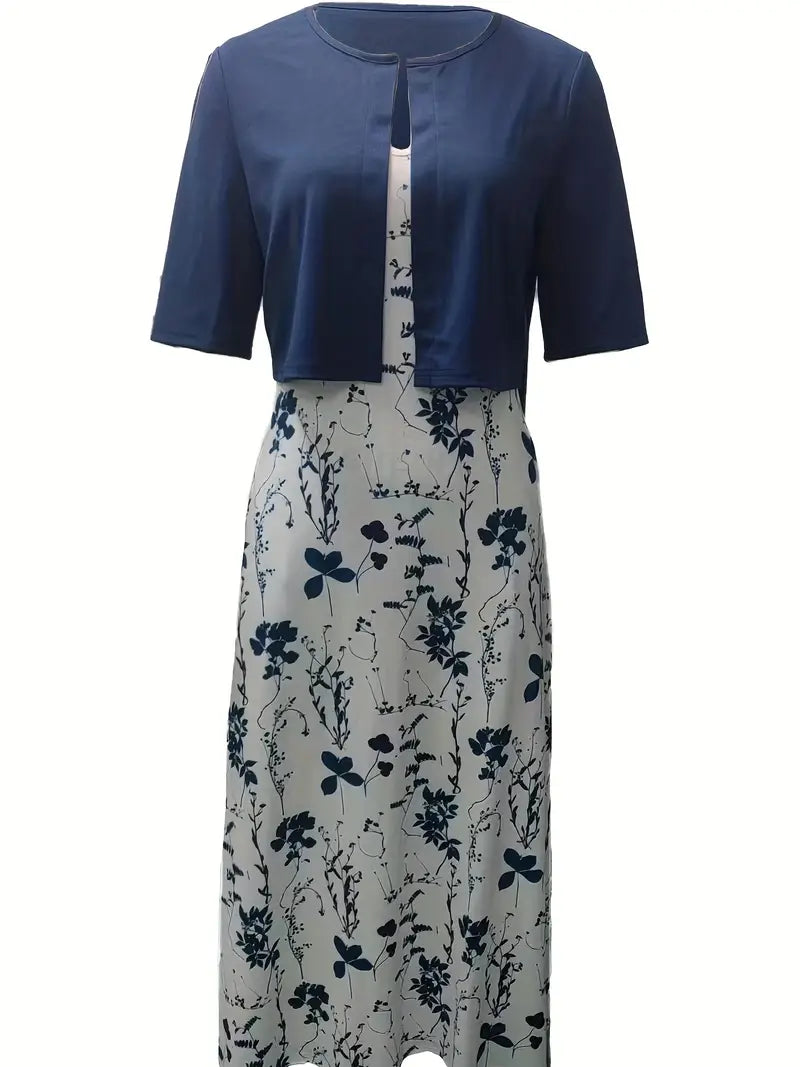 elegant two-piece floral dress set with solid color crop top and dress with round neck