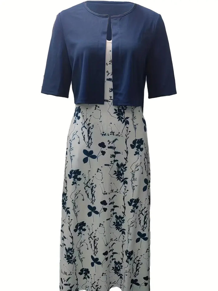 Mune Fashion - elegant two-piece floral dress set with plain crop top and dress with round neckline
