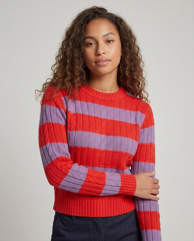 Ladies Striped Ribbed Cropped Sweater with Round Neck Mune Fashion