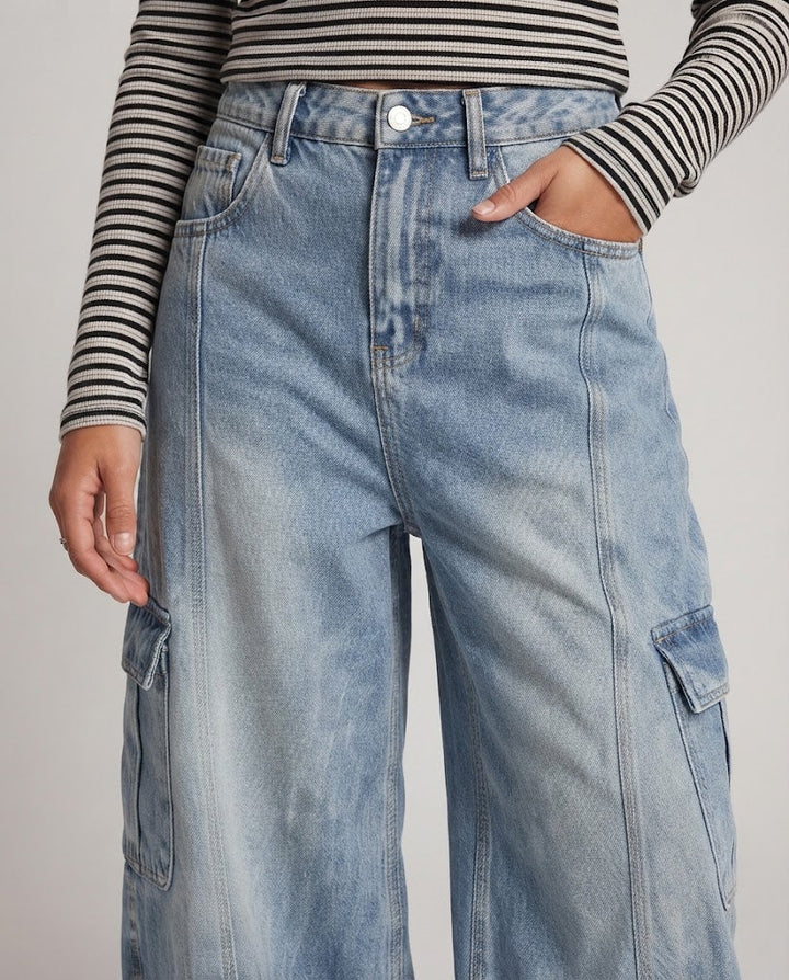 Women Extra Wide Palazzo Denim Pants with Balloon Silhouette and Large Cargo Flap Pockets Mune Fashion