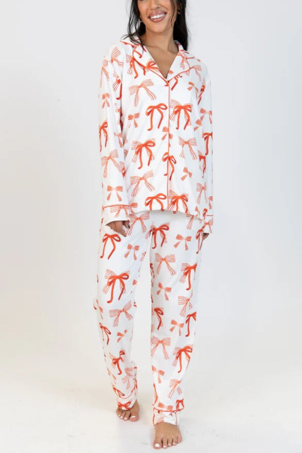 Mune | Christmas Bow Print Long Sleeve Shirt and Elastic Waist Pocket Pants Set