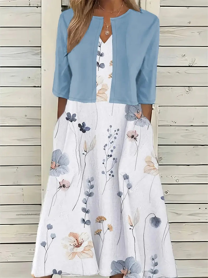 elegant two-piece floral dress set with solid color crop top and dress with round neck