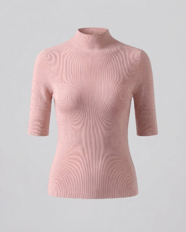 Women Half Sleeve Fine Knit Sweater with Short Stand Collar and Fitted Cut Mune Fashion
