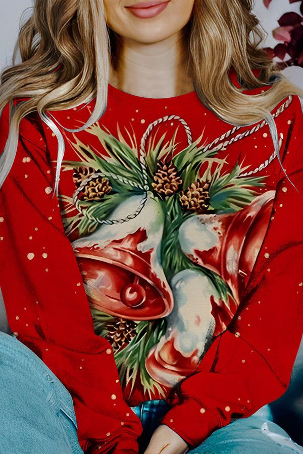 Mune | Printed Christmas Contrast Color Long Sleeve Pullover Sweatshirt