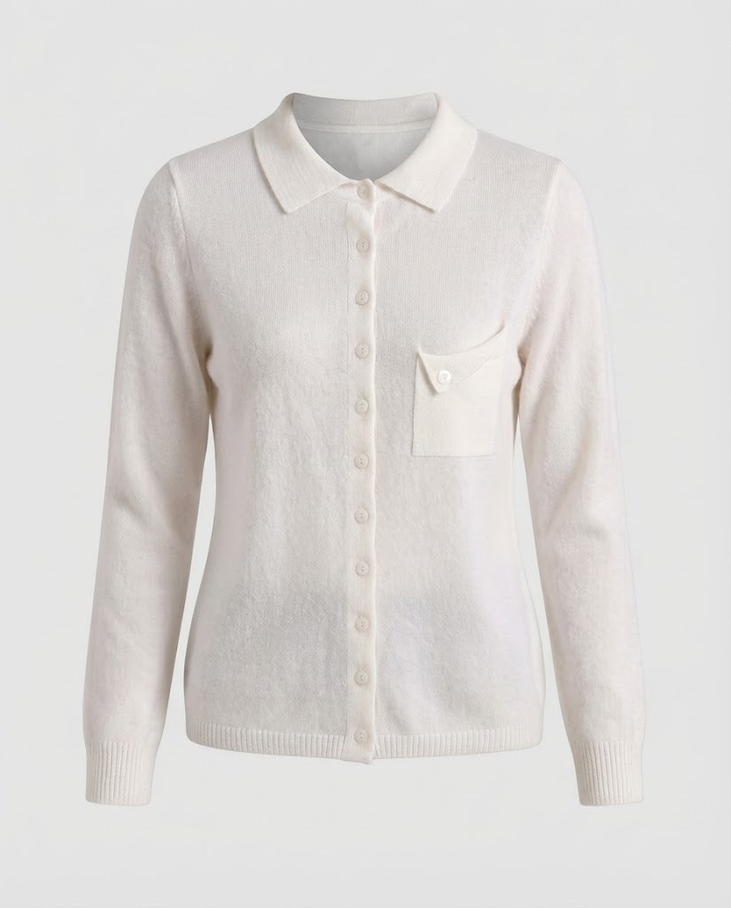 Women's fine-knit cardigan with polo collar, 3/4 sleeves and discreet chest pocket Mune Fashion