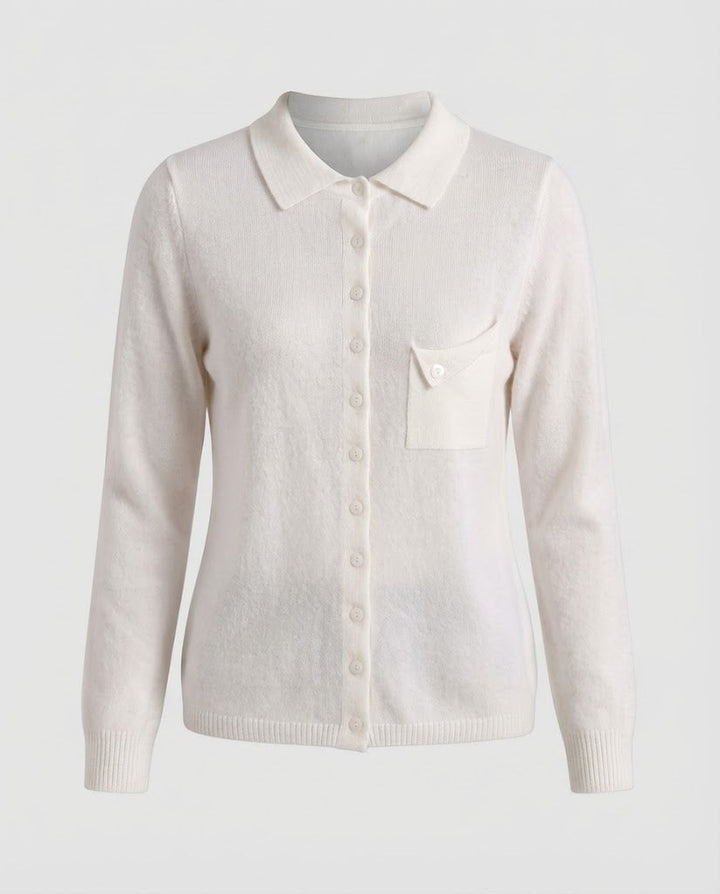 Women's fine-knit cardigan with polo collar, 3/4 sleeves and discreet chest pocket Mune Fashion