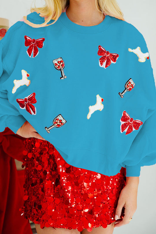 Mune | Christmas Bow Wine Glass Sequins Loose Long Sleeve Sweatshirt