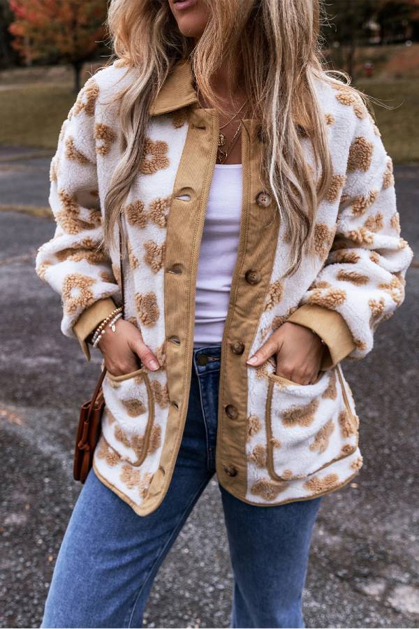 Mune | French Beige Sweet Floral Pattern Button Placket Fleece Jacket
