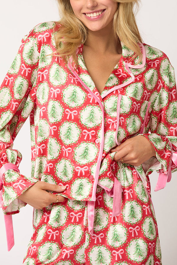 Mune | Christmas Printed Velour Lacing Long Sleeve Pocket Top and Elastic Waist Pants Set