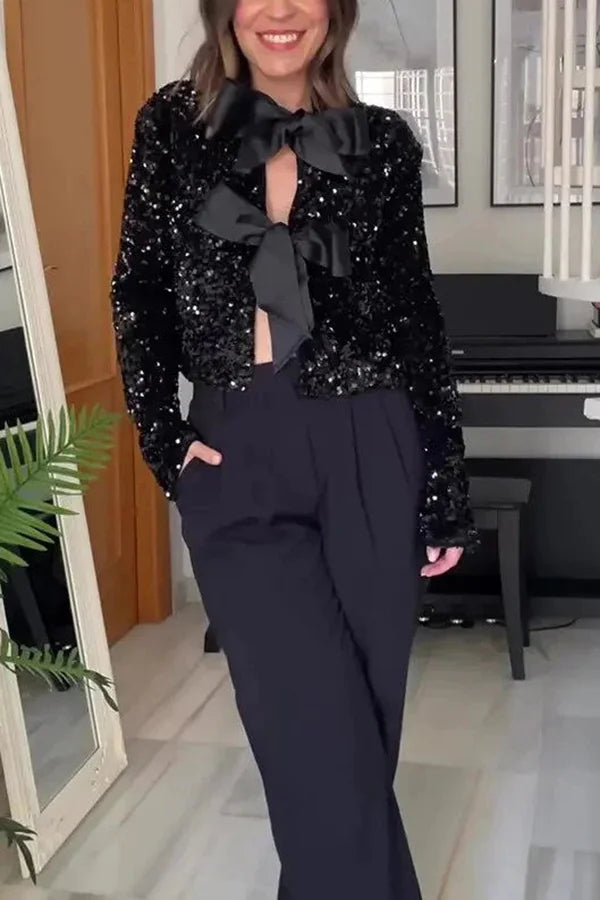 Mune | Options To Celebrate, Tie Front Bow Sequin Jacket