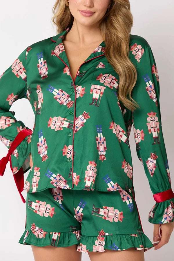 Mune | Christmas Fashion Printed Bow Top and Elastic Waist Ruffle Shorts Set