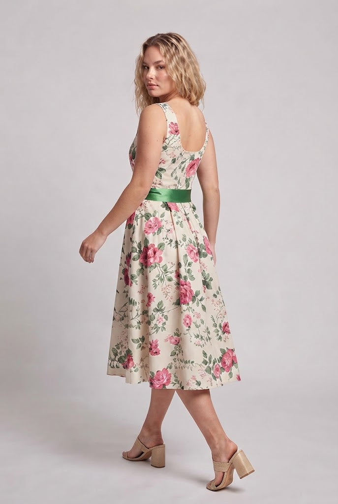 Women Floral Pattern A-Line Dress with Waist Belt Mune Fashion