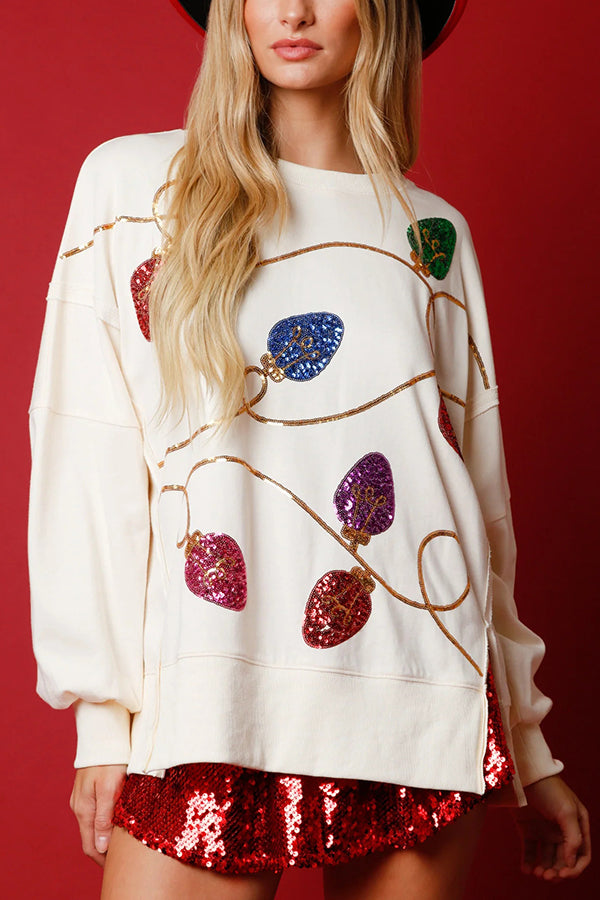 Mune | Christmas Lights Sequins Slit Pullover Sweatshirt