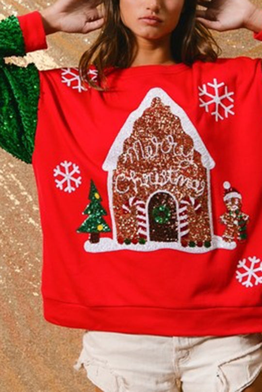 Mune | Christmas Casual Loose Round Neck Sequin Sleeve Sweatshirt