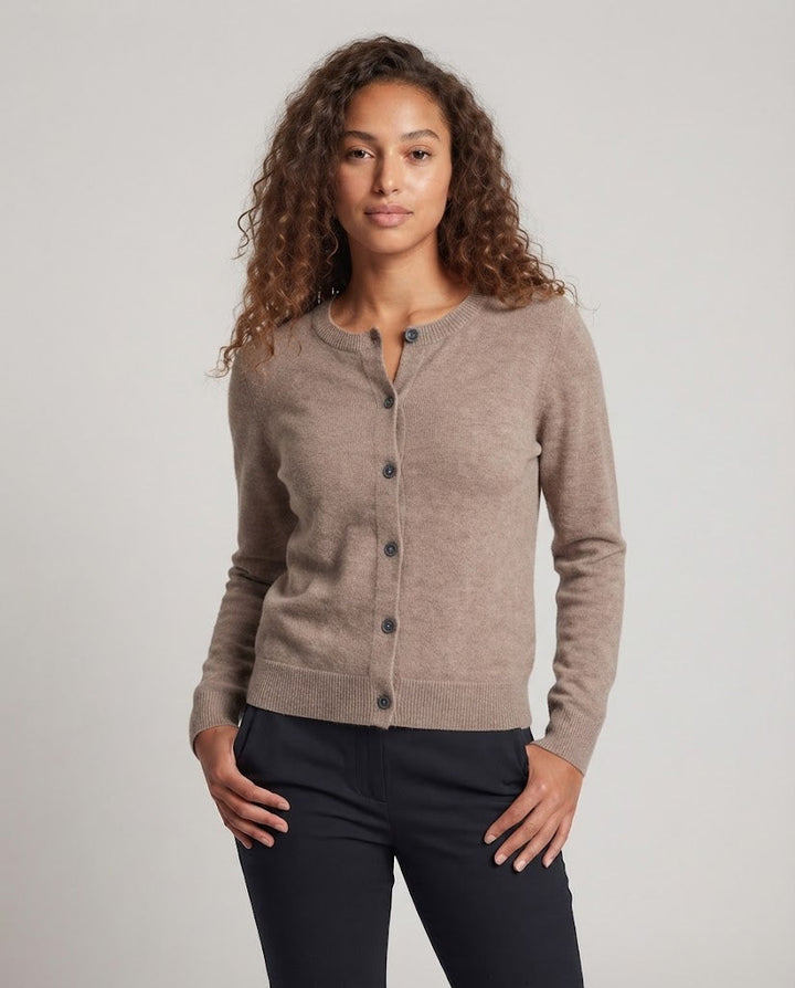 Women's fine-knit cardigan with visible button placket, round neckline and soft drape Mune Fashion