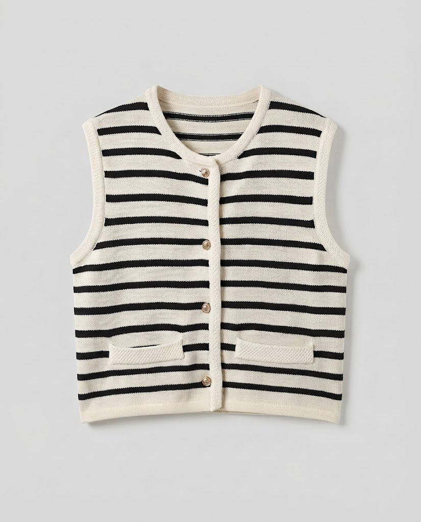 Women's Striped Knit Vest with Button Placket and Patch Pockets Mune Fashion