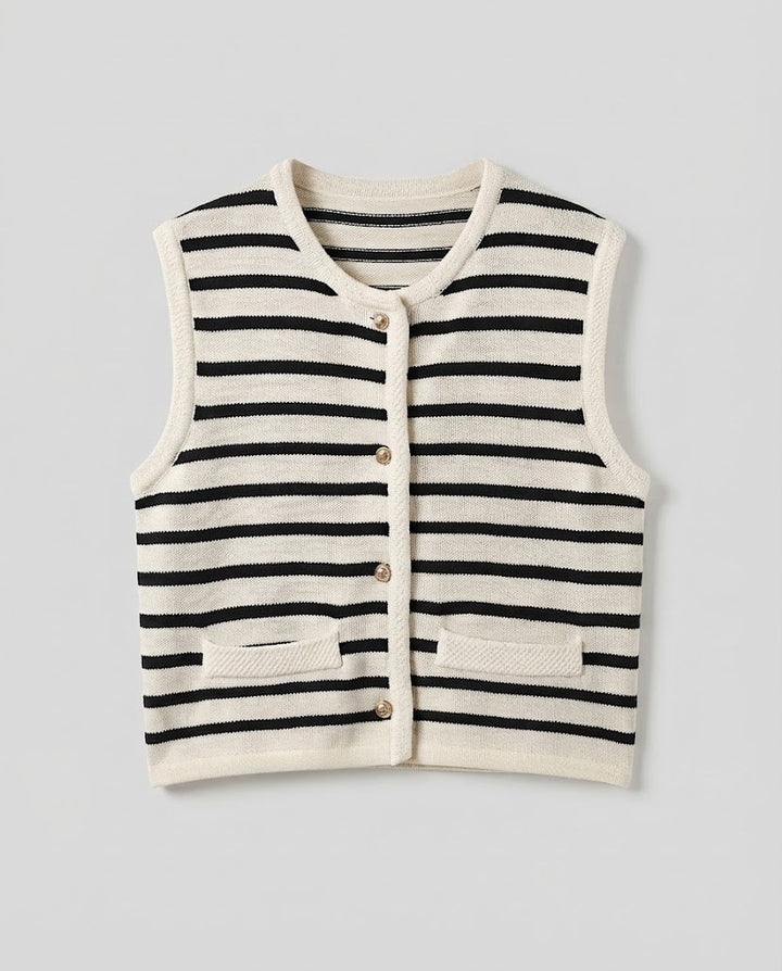Women's Striped Knit Vest with Button Placket and Patch Pockets Mune Fashion