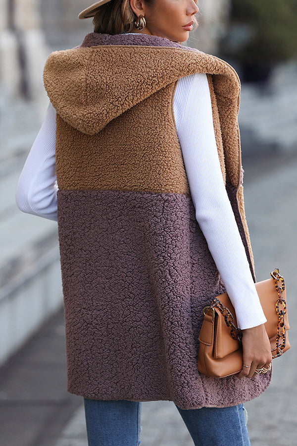 Mune | Sleeveless Colorblock Pocketless Mid-Length Cardigan Puff Velour Jacket